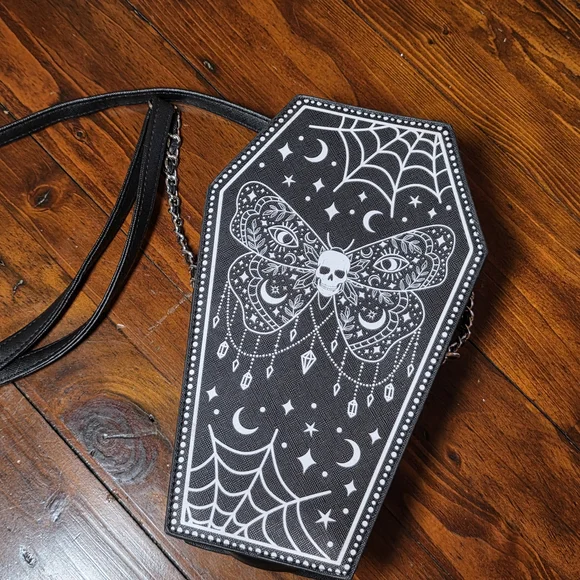 Claire's Black Coffin Crossbody Bag Skull Moth - Picture 1 of 4